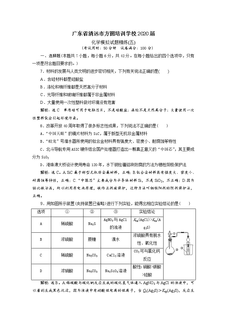 广东省清远市方圆培训学校2020届高三化学模拟试题精练（五）第1页