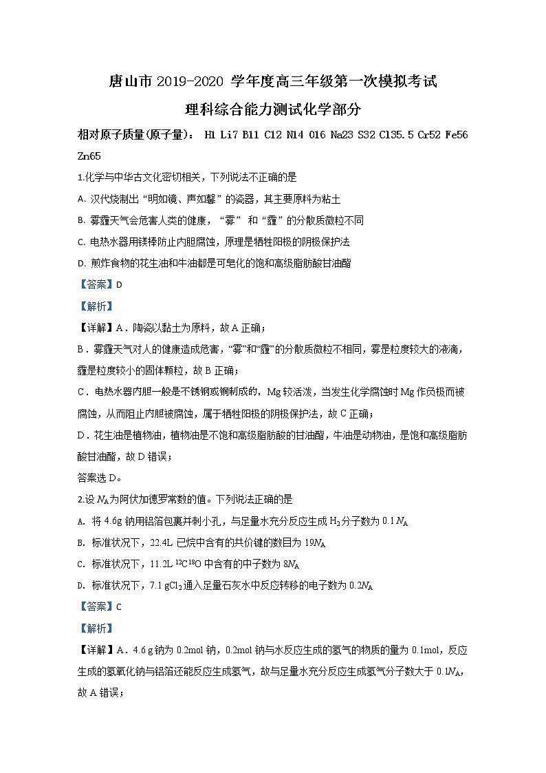 河北省唐山市2020届高三第一次模拟考试化学试题01