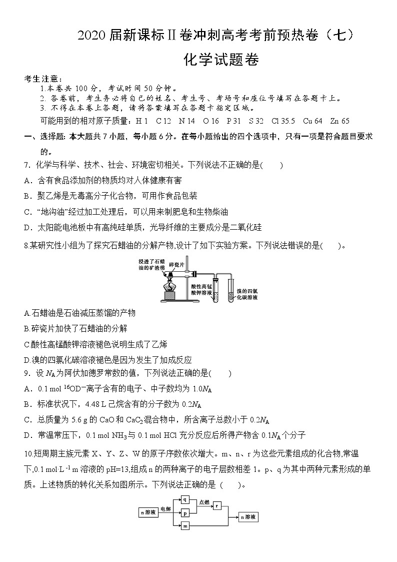 2020届新课标Ⅱ卷冲刺高考考前预热卷（七）化学试题卷01