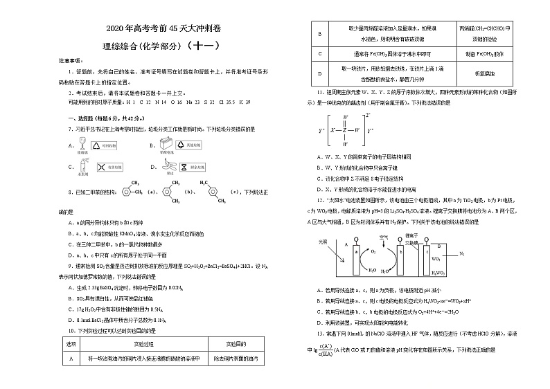2020年高考考前45天大冲刺卷理综化学部分十一（全国1卷）01