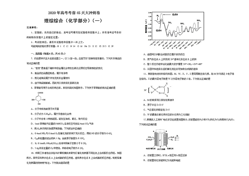 2020年高考考前45天大冲刺卷理综化学部分一（全国1卷）01