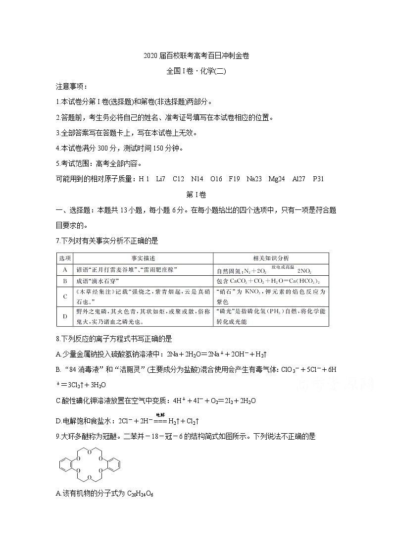 2020届百校联考高考百日冲刺金卷全国Ⅰ卷  化学（二）01