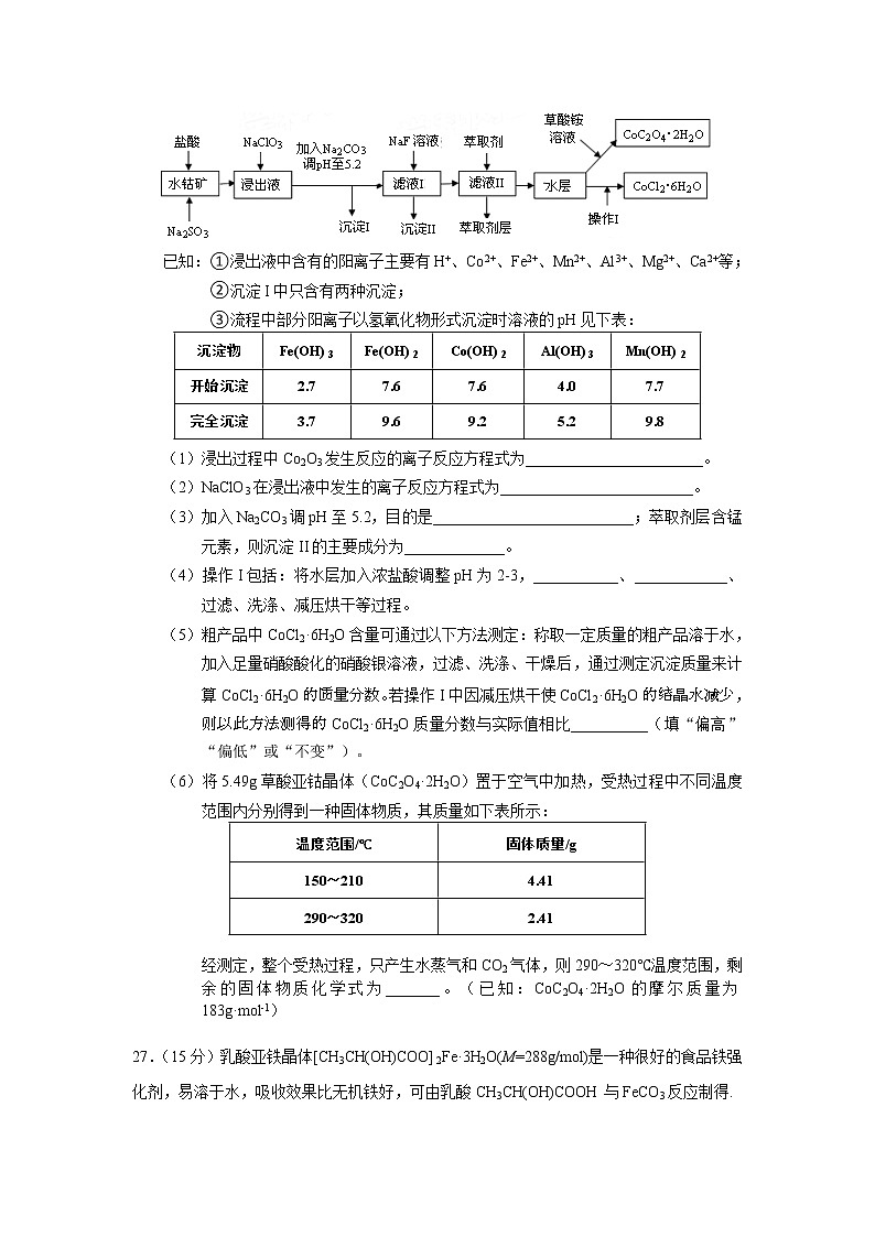山西省阳泉市2020届高三上学期期末考试化学试题03