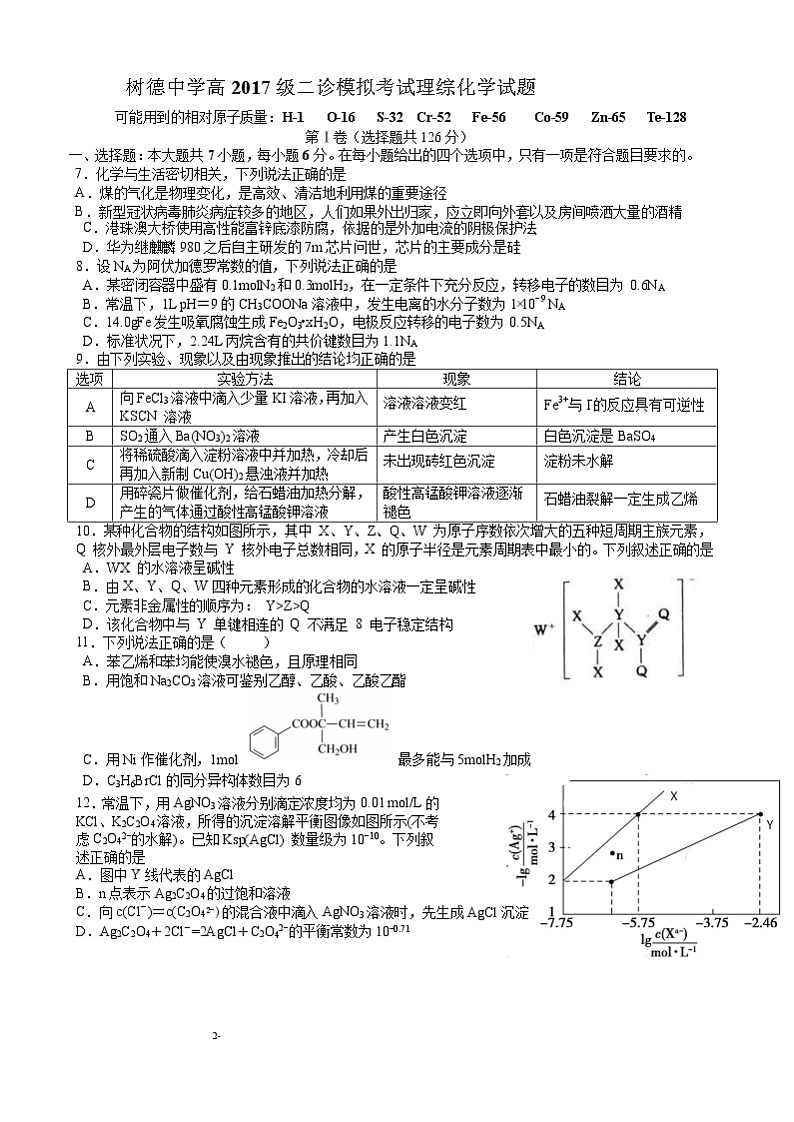 四川省成都市树德中学2020届高三二诊模拟考试化学试题01