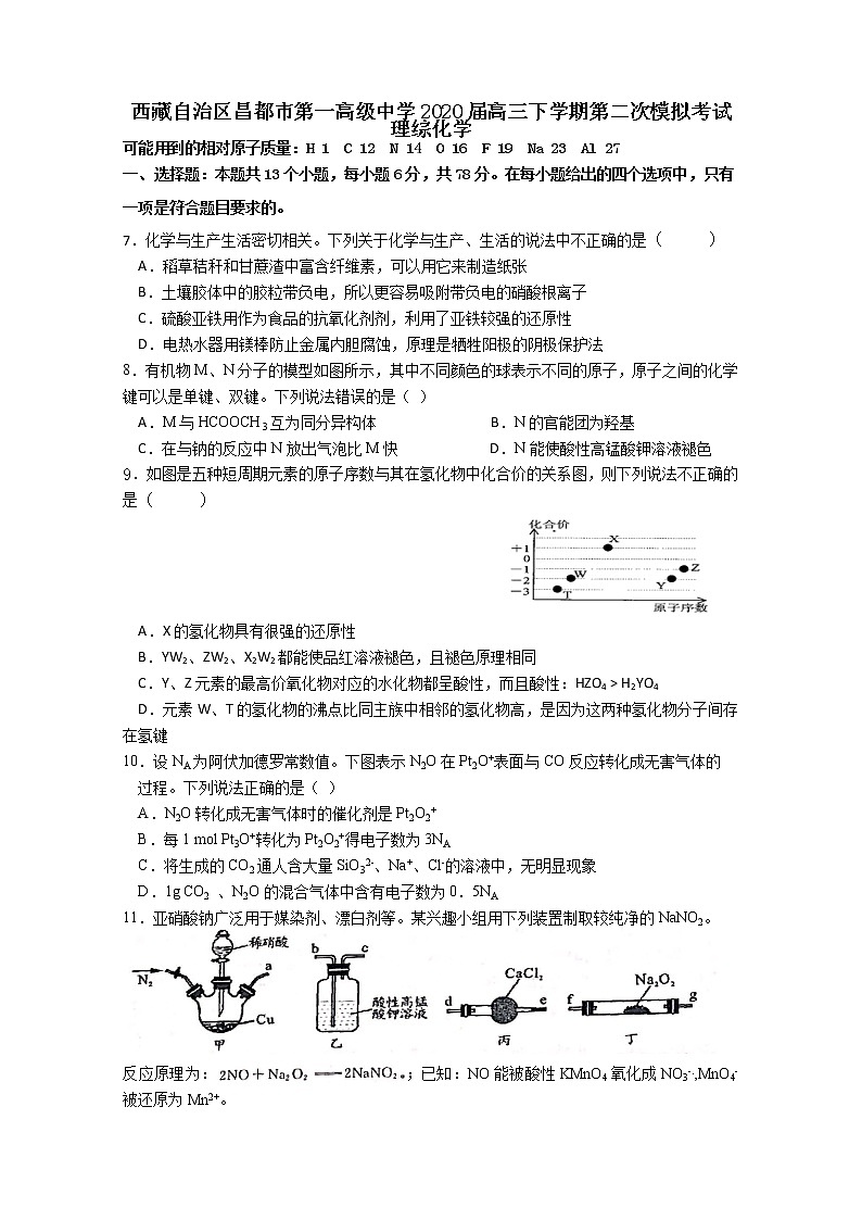 西藏自治区昌都市第一高级中学2020届高三下学期模拟考试理综化学试卷01