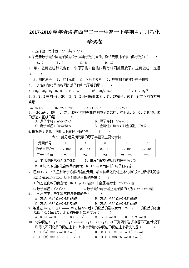 2017-2018学年青海省西宁二十一中高一下学期4月月考化学试卷01