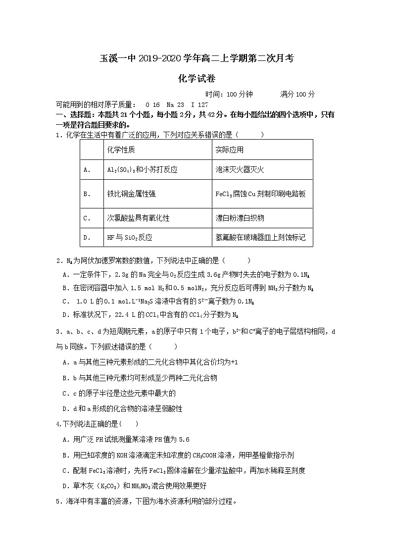 2019-2020学年云南省玉溪一中高二上学期第二次月考化学试题 word版01
