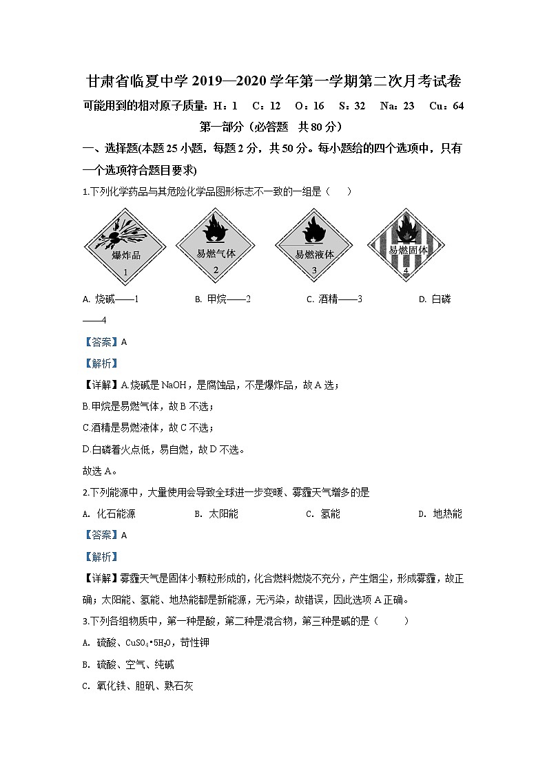 2019-2020学年甘肃省临夏中学高二上学期第二次月考化学试题 解析版01