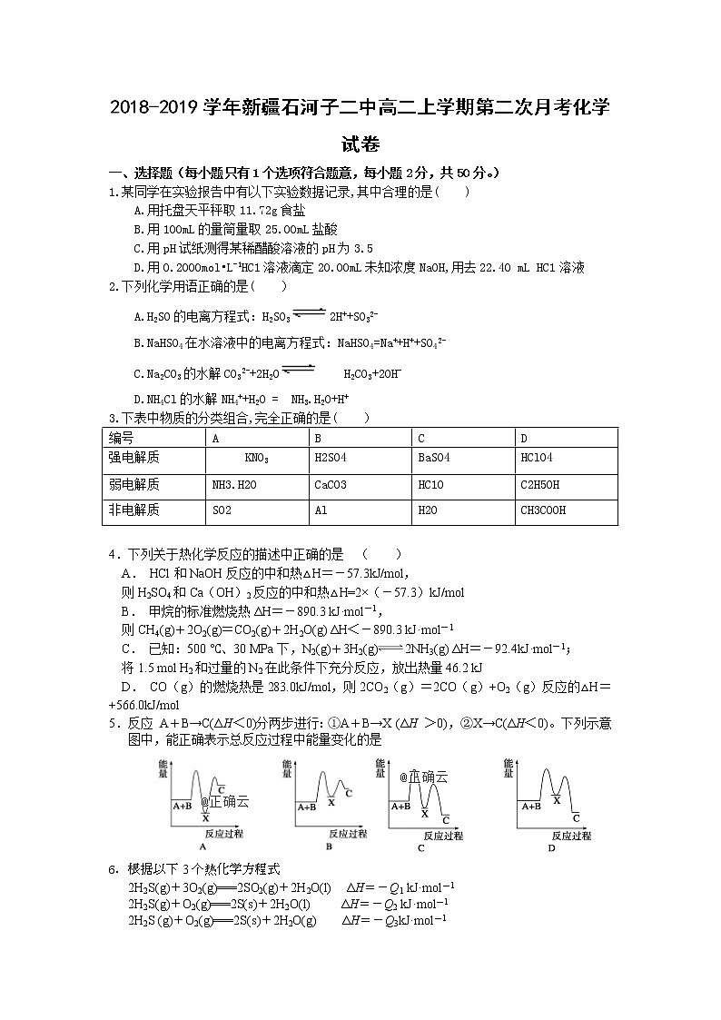 2018-2019学年新疆石河子二中高二上学期第二次月考化学试题（Word版）第1页