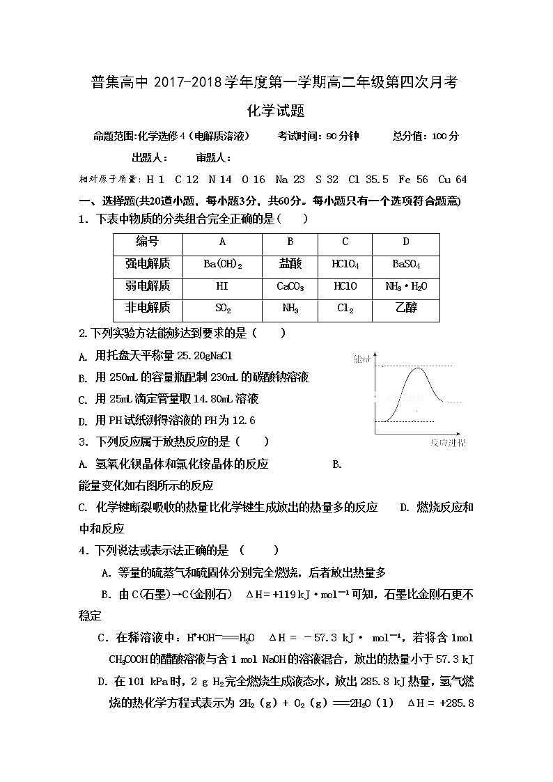 2017-2018学年陕西省咸阳市武功县普集高中高二上学期第四次月考（12月）化学试题第1页