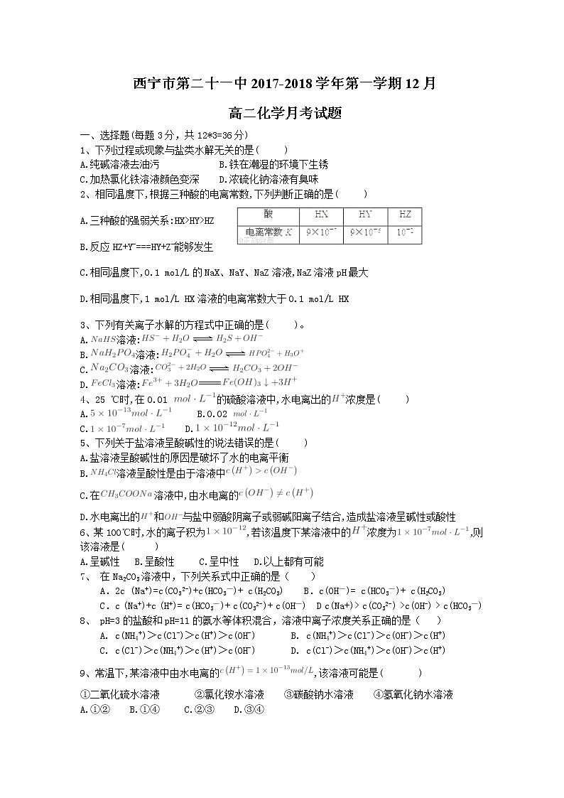 2017-2018学年青海省西宁二十一中高二上学期12月月考化学试题01