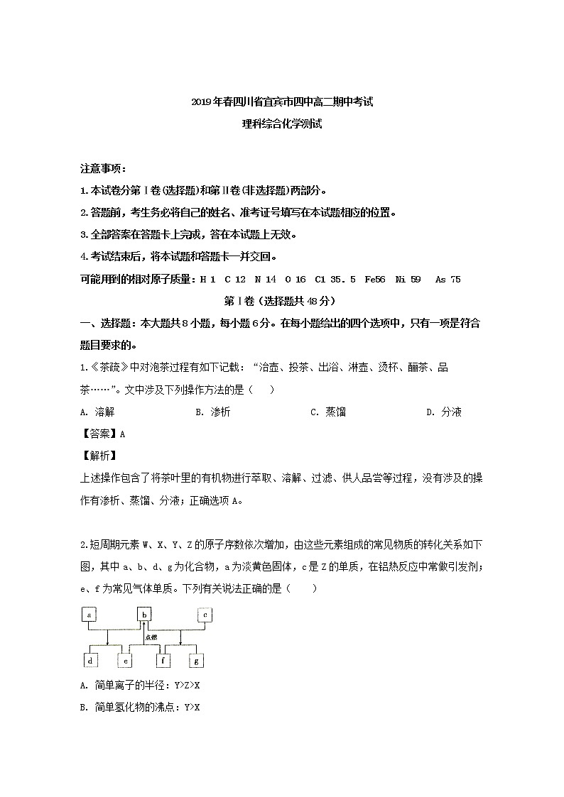 2018-2019学年四川省宜宾市第四中学高二下学期期中考试化学试题 解析版01