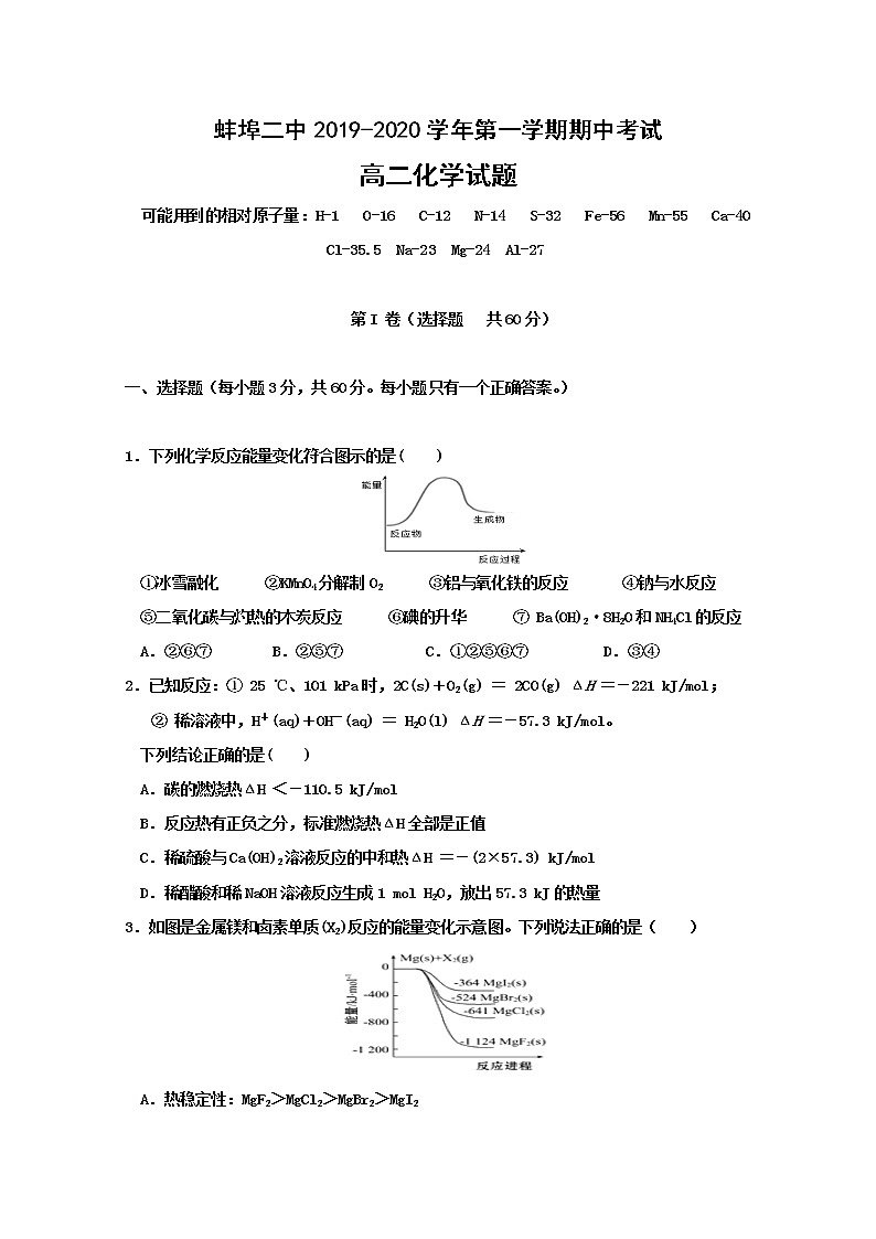 2019-2020学年安徽省蚌埠市第二中学高二上学期期中考试化学试题 word版01