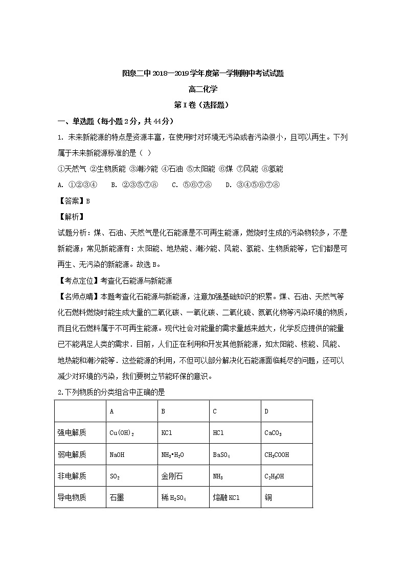 2018-2019学年山西省阳泉二中高二上学期期中考试化学试题 解析版01