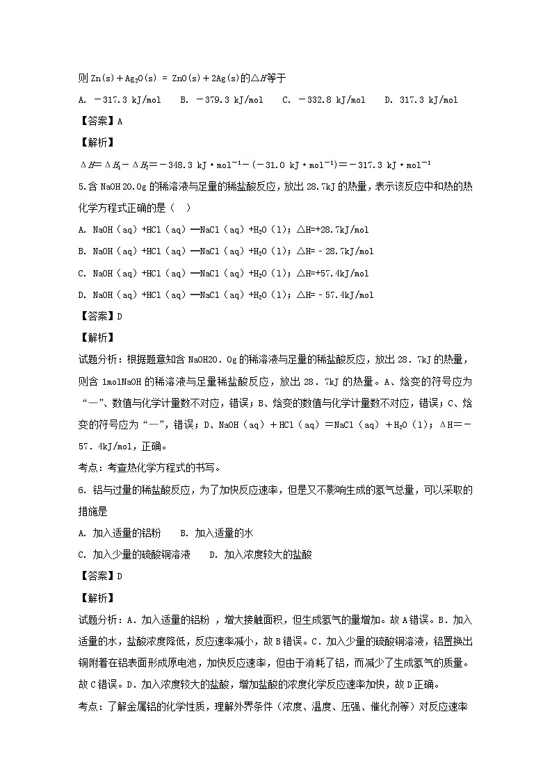 2018-2019学年湖南省浏阳市六校联考高二上学期期中考试化学试题 解析版03