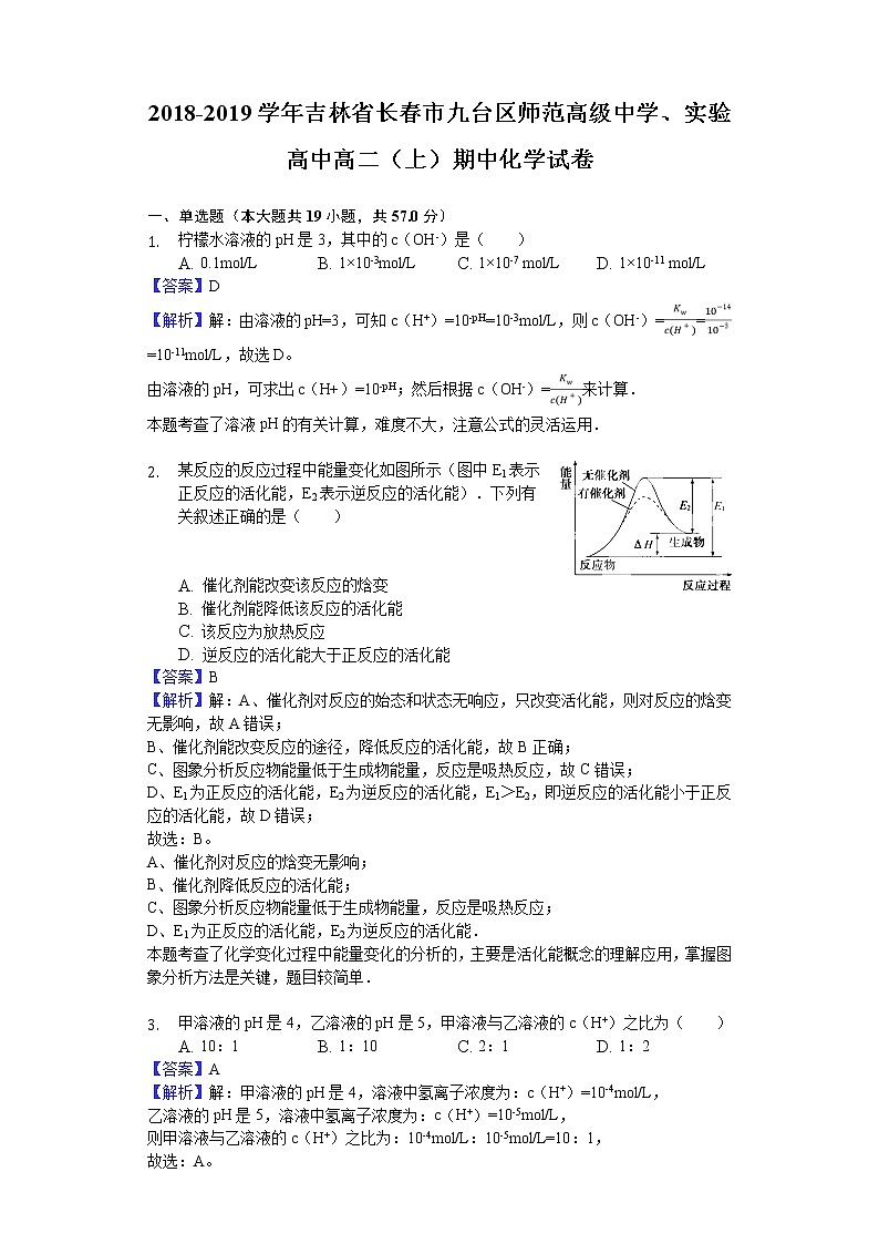 2018-2019学年吉林省长春市九台区师范高级中学、实验高中高二上学期期中化学试题（解析版）01