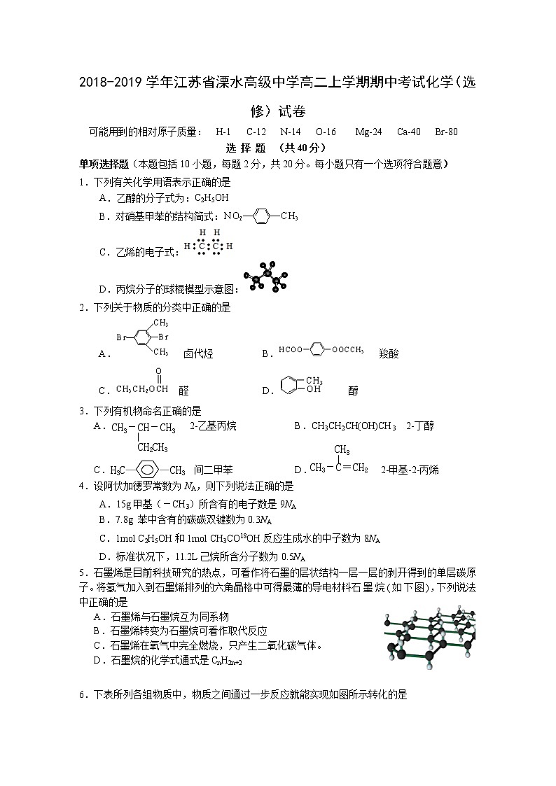 2018-2019学年江苏省溧水高级中学高二上学期期中考试 化学（选修） Word版01