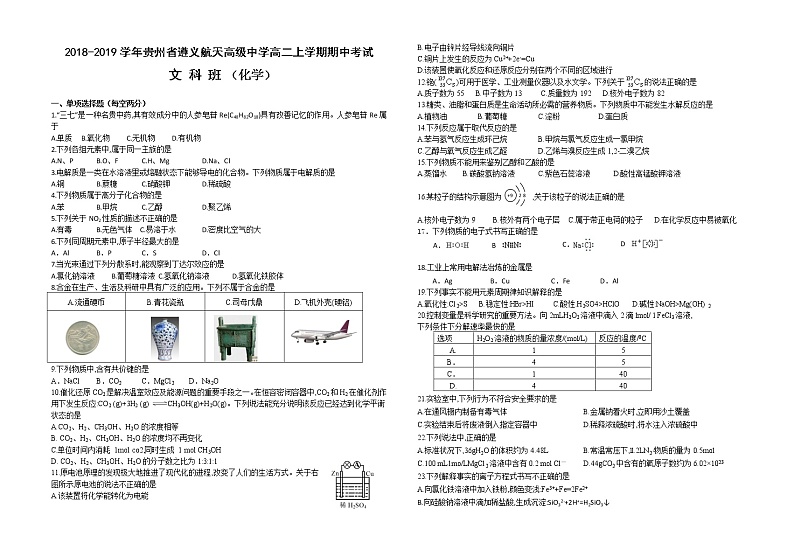 2018-2019学年贵州省遵义航天高级中学高二上学期期中考试化学（文）试题（Word版）01