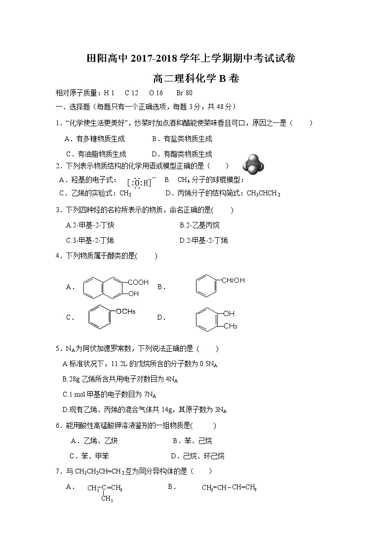 2017-2018学年广西壮族自治区田阳高中高二上学期期中考试化学试题（B卷） 缺答案01