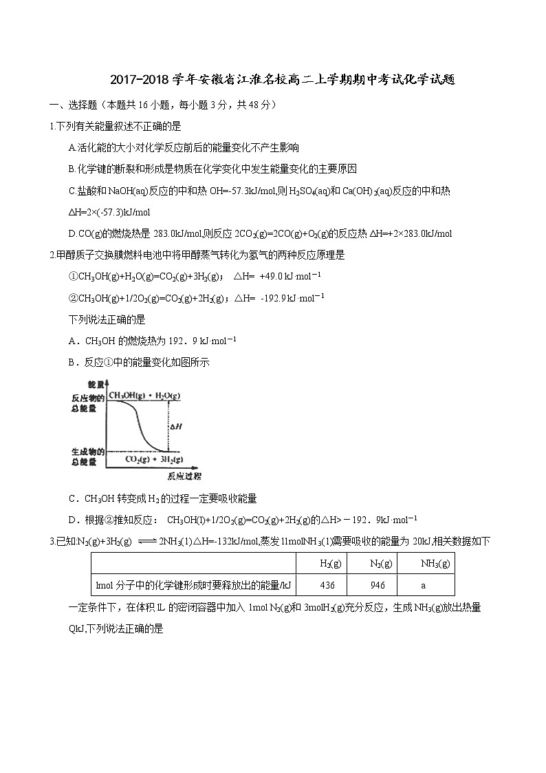 2017-2018学年安徽省江淮名校高二上学期期中考试化学试题01