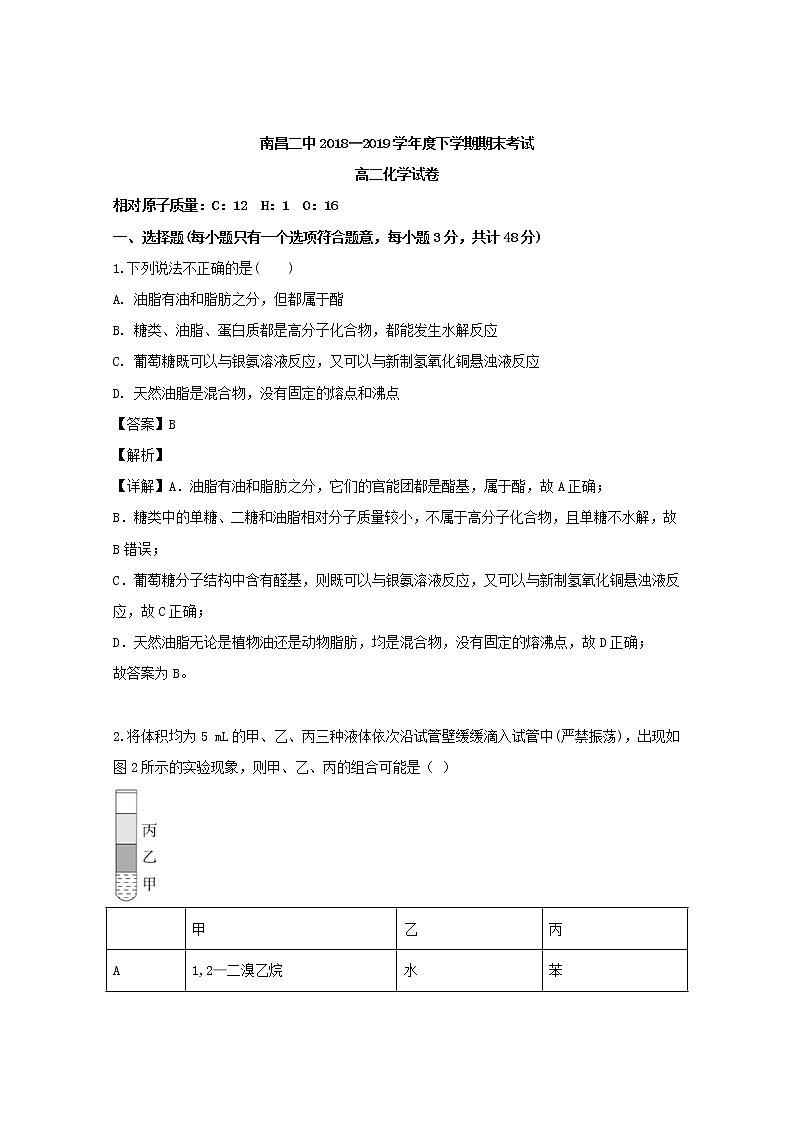 2018-2019学年江西省南昌市第二中学高二下学期期末考试化学试题 解析版01