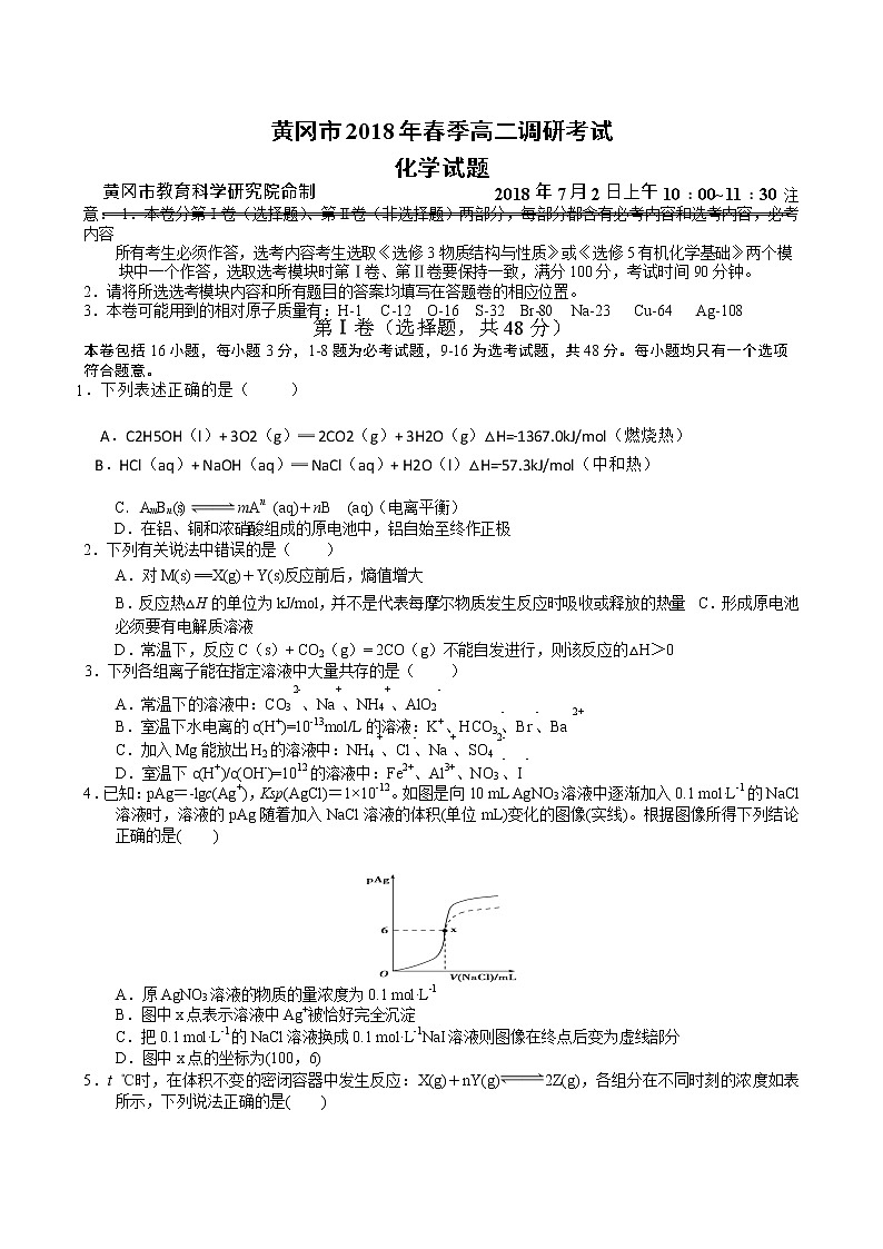 2017-2018学年湖北省黄冈市高二下学期期末考试化学试题（Word版）01