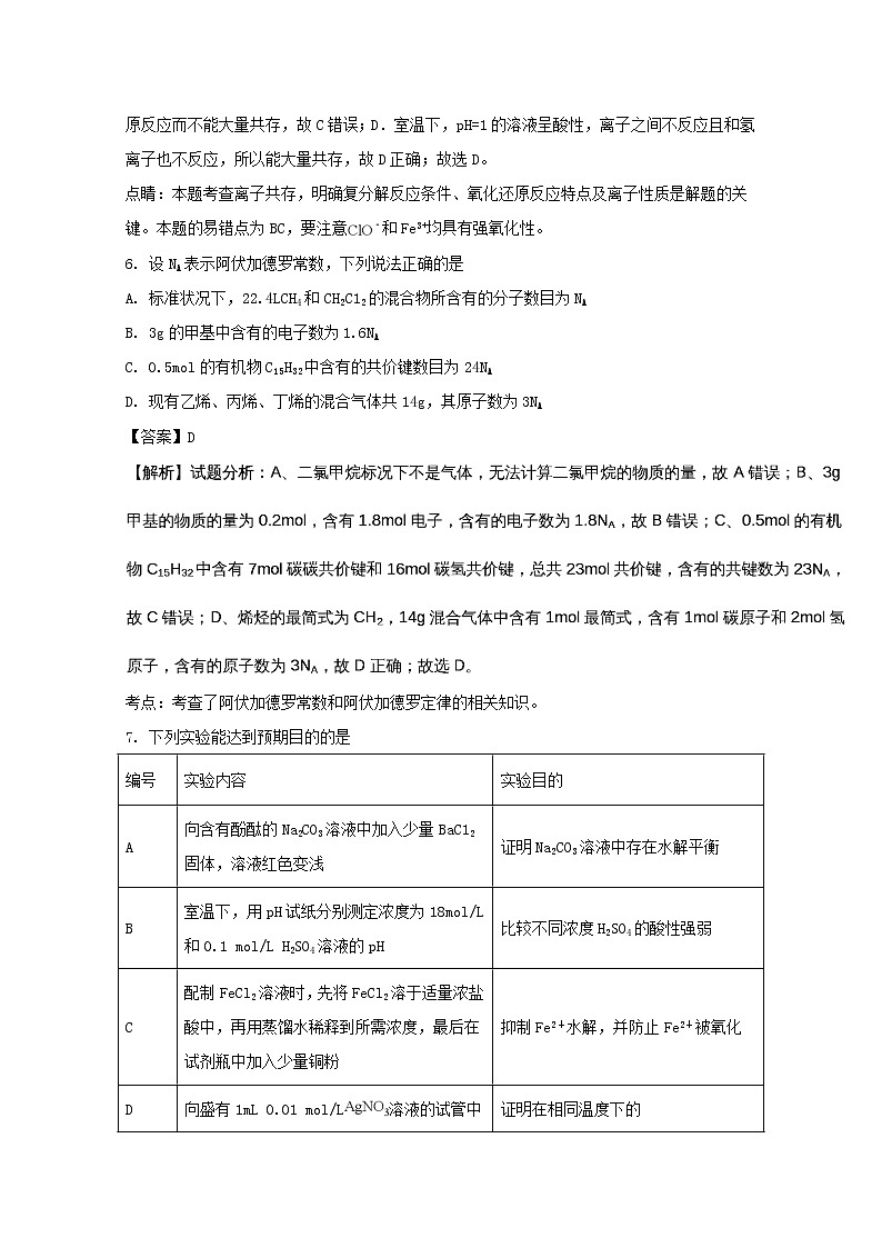 2017-2018学年湖北省孝感高级中学高二上学期期末考试化学试题 解析版03