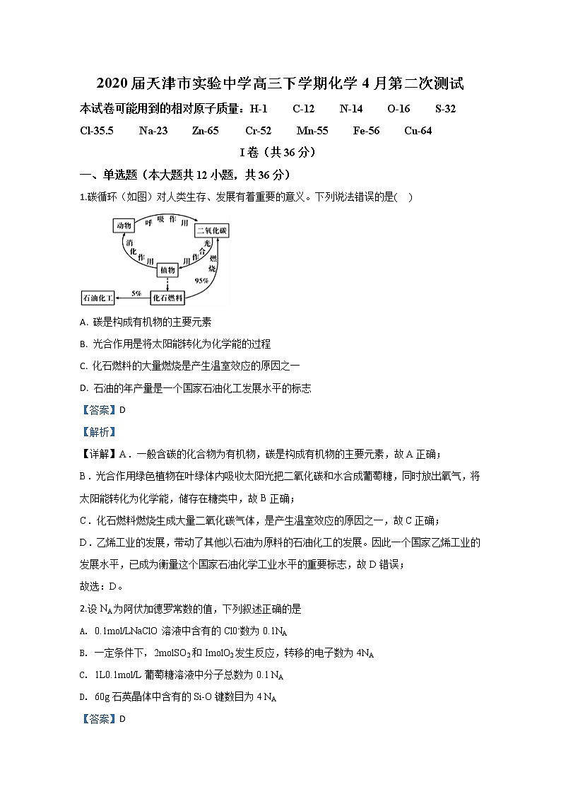 天津市实验中学2020届高三下学期4月测试化学试题01