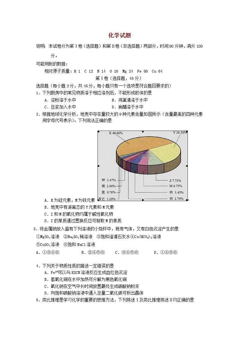 山东省日照五莲县2020届高三10月模块诊断性测试化学01