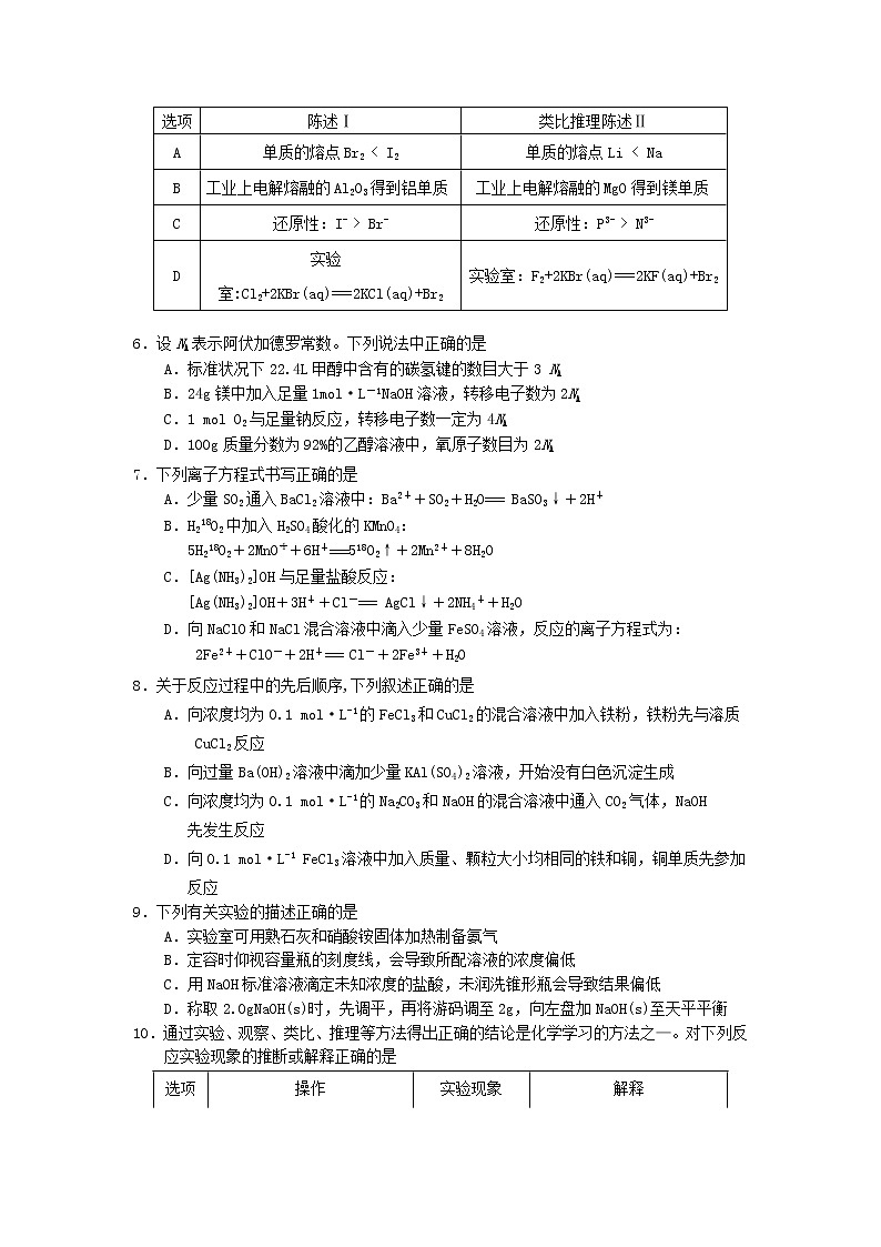 山东省日照五莲县2020届高三10月模块诊断性测试化学02