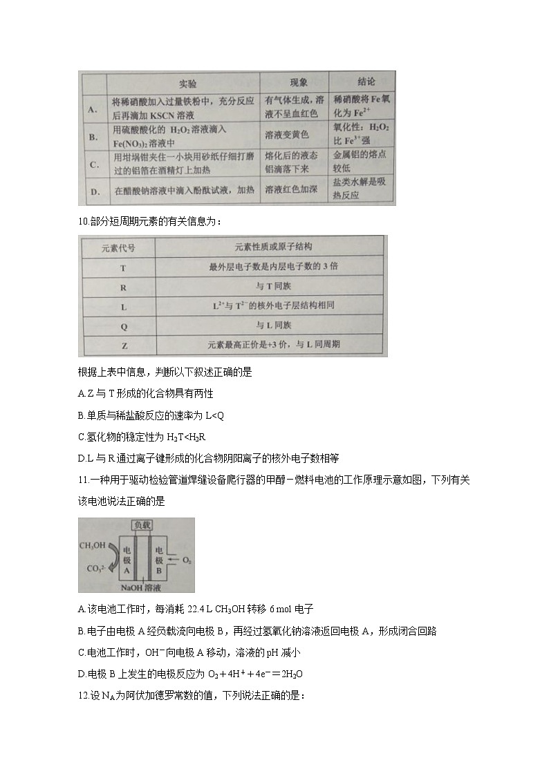 浙江省教育绿色评价联盟2020届高三10月适应性考试 化学03