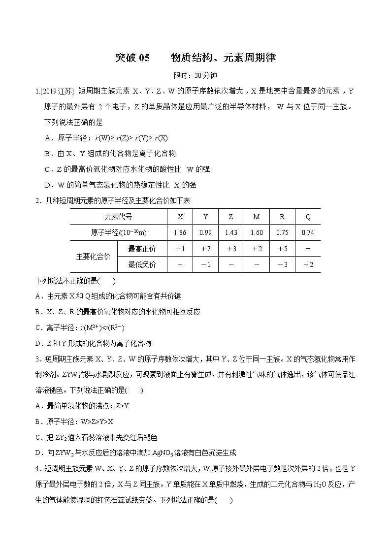 突破05备战2021年高考化学之突破物质结构性质与工艺流程题- 物质结构、元素周期律（题型精练）01