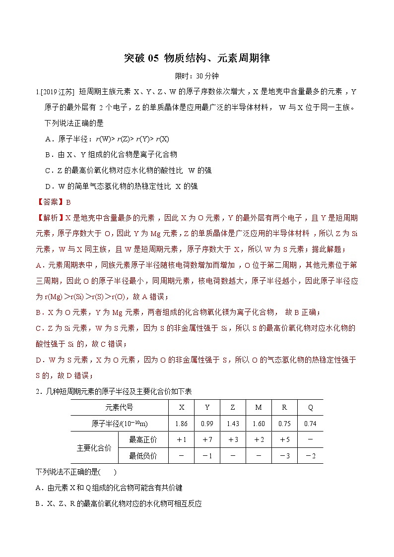 突破05备战2021年高考化学之突破物质结构性质与工艺流程题- 物质结构、元素周期律（题型精练）01