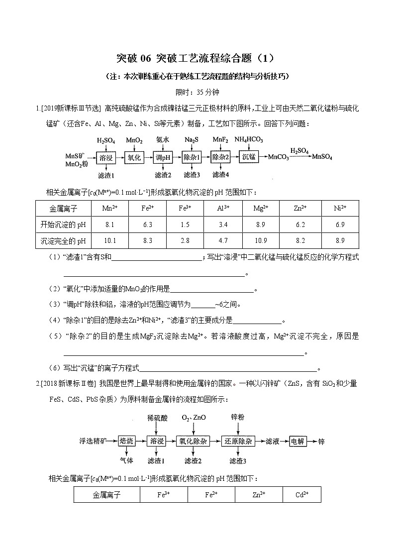 突破06 备战2020年高考化学之突破物质结构性质与工艺流程题-工艺流程综合题（题型精练）01