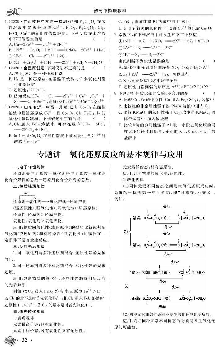 专题二 专题讲 氧化还原反应的基本规律与应用-2020新高一化学初升高衔接教材01