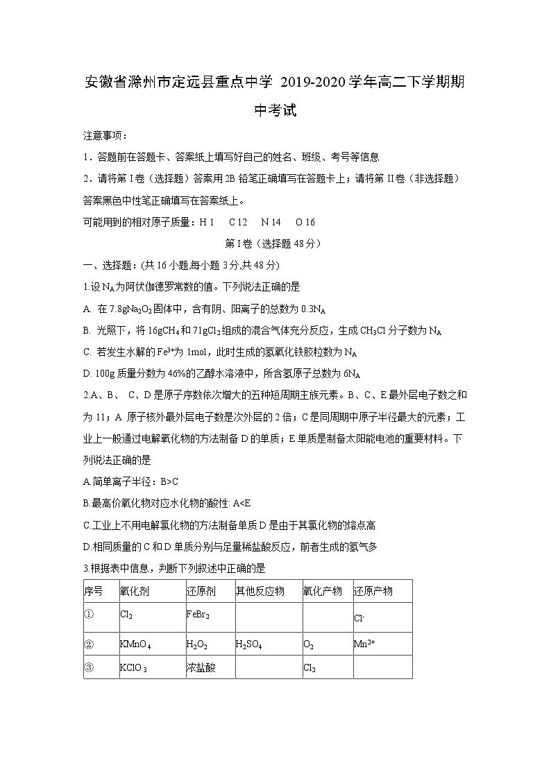 【化学】安徽省滁州市定远县重点中学2019-2020学年高二下学期期中考试01