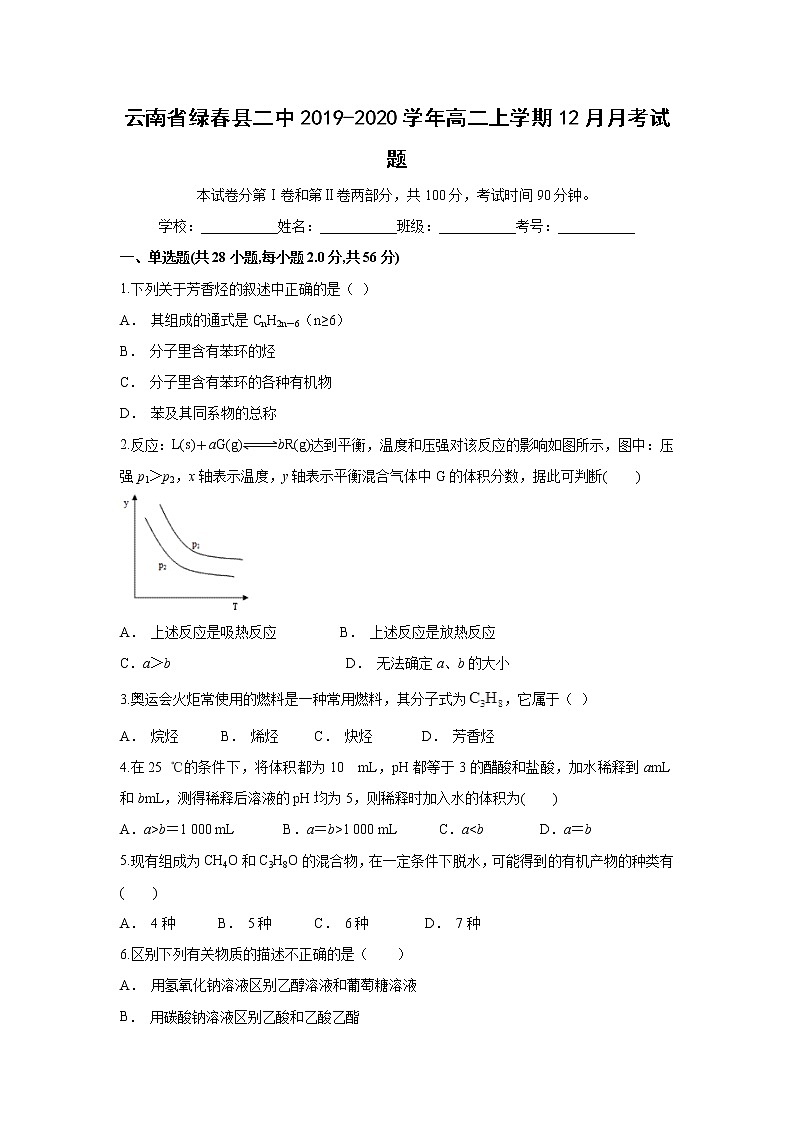 【化学】云南省绿春县二中2019-2020学年高二上学期12月月考试题01