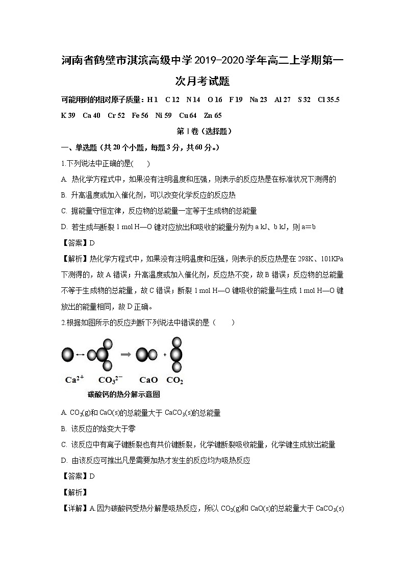 【化学】河南省鹤壁市淇滨高级中学2019-2020学年高二上学期第一次月考试题（解析版）01