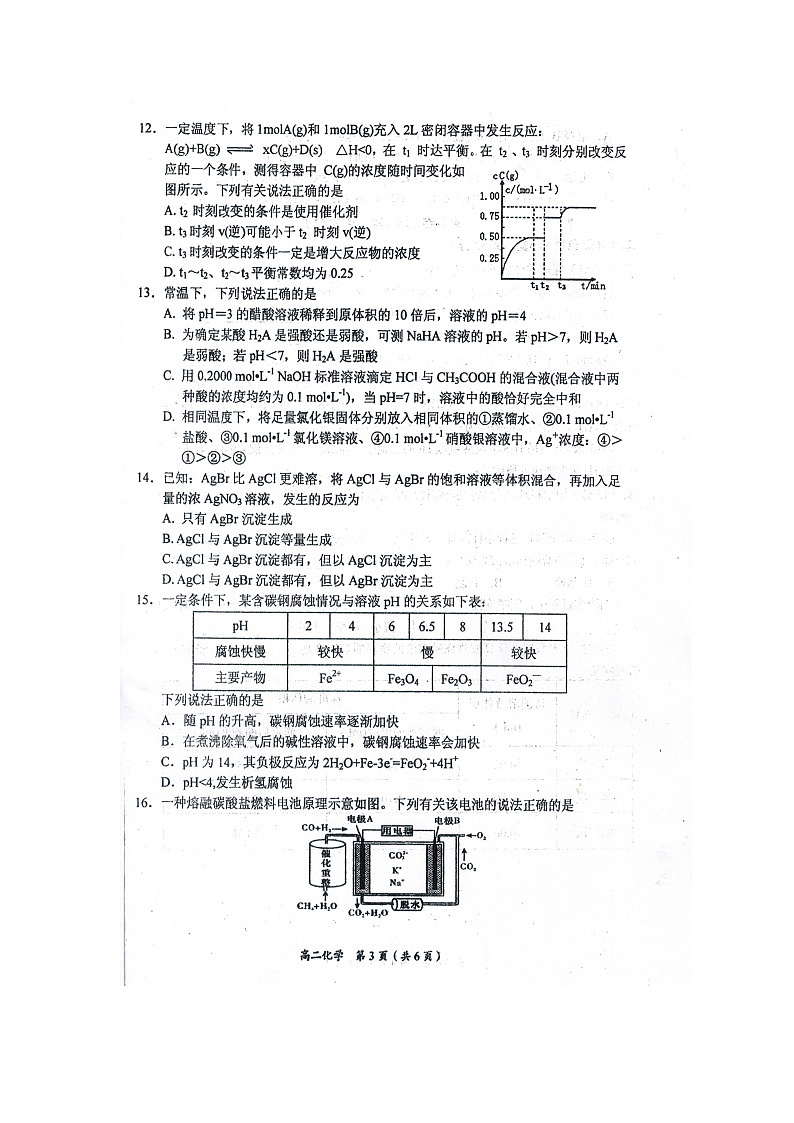 【化学】辽宁省葫芦岛市普通高中2019-2020学年高二上学期期末考试试题（扫描版）03