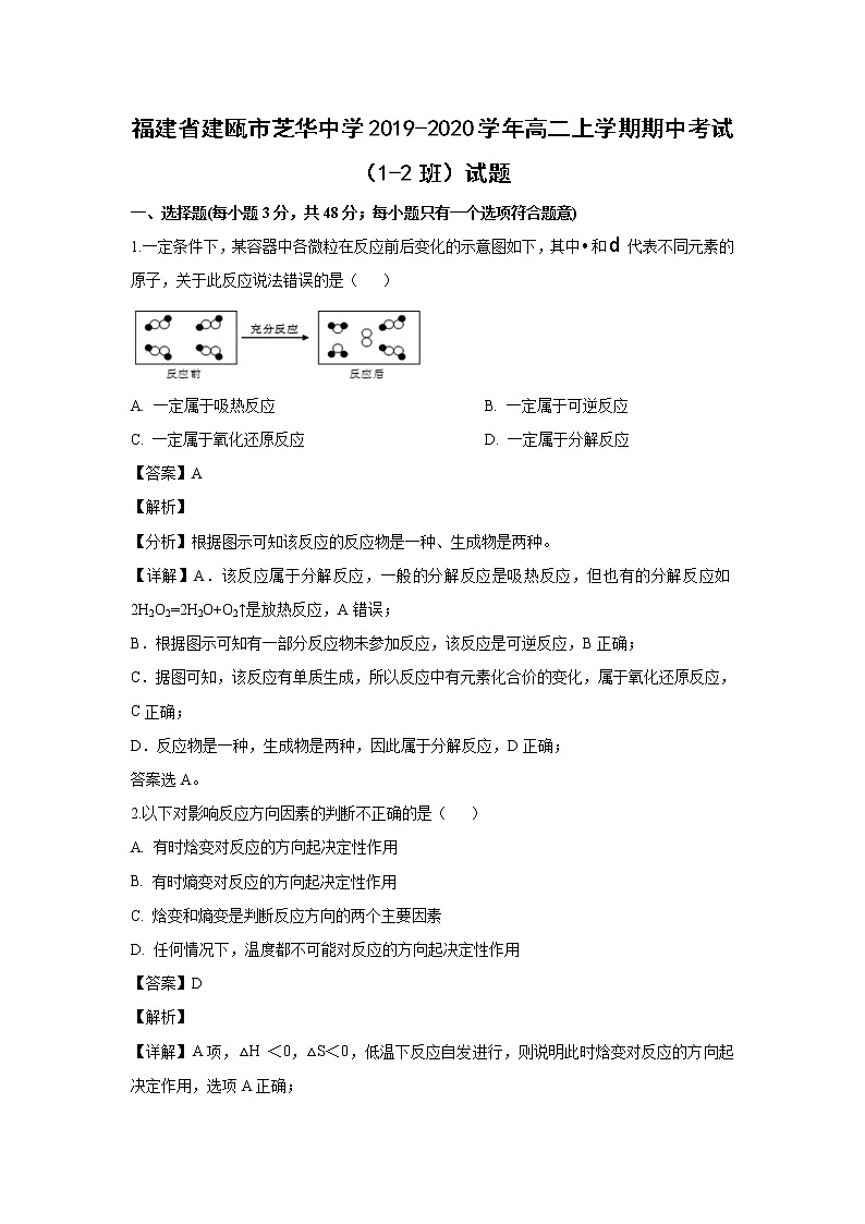 【化学】福建省建瓯市芝华中学2019-2020学年高二上学期期中考试（1-2班）试题（解析版）第1页