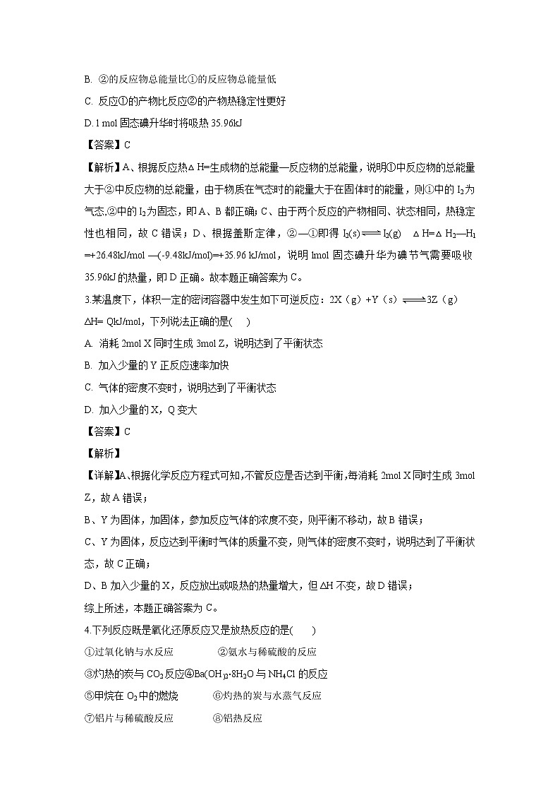 【化学】山西省运城市景胜中学2019-2020学年高二9月月考试题（解析版）02