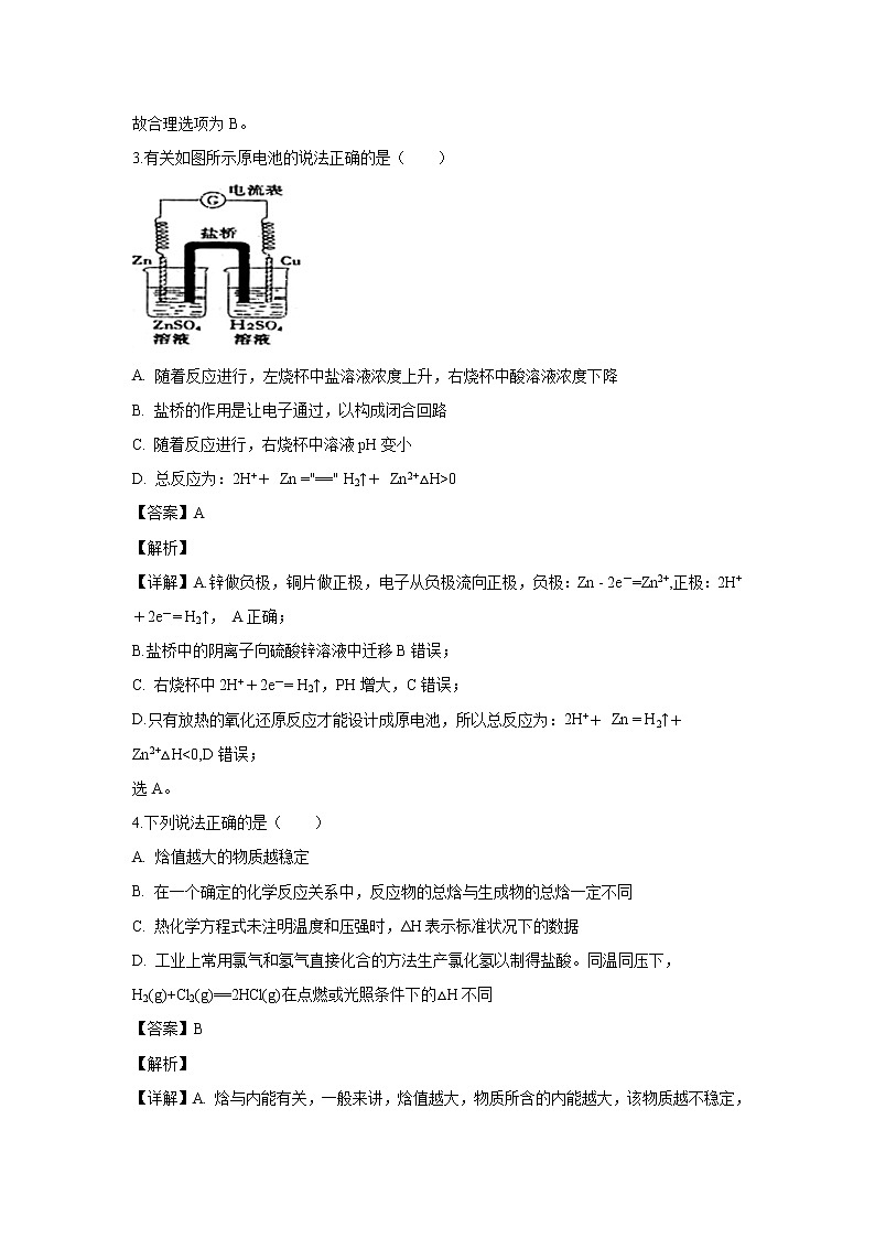 【化学】浙江省杭州市西湖高级中学2019-2020学年高二10月月考试题（解析版）02