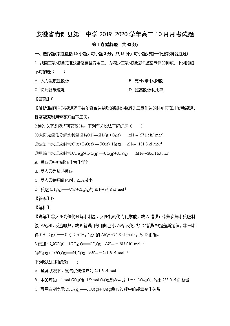 【化学】安徽省青阳县第一中学2019-2020学年高二10月月考试题（解析版）01