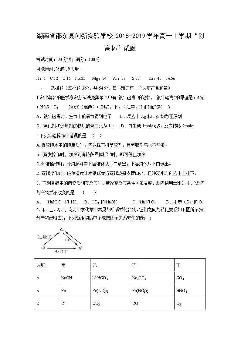 【化学】湖南省邵东县创新实验学校2018-2019学年高一上学期“创高杯”试题第1页