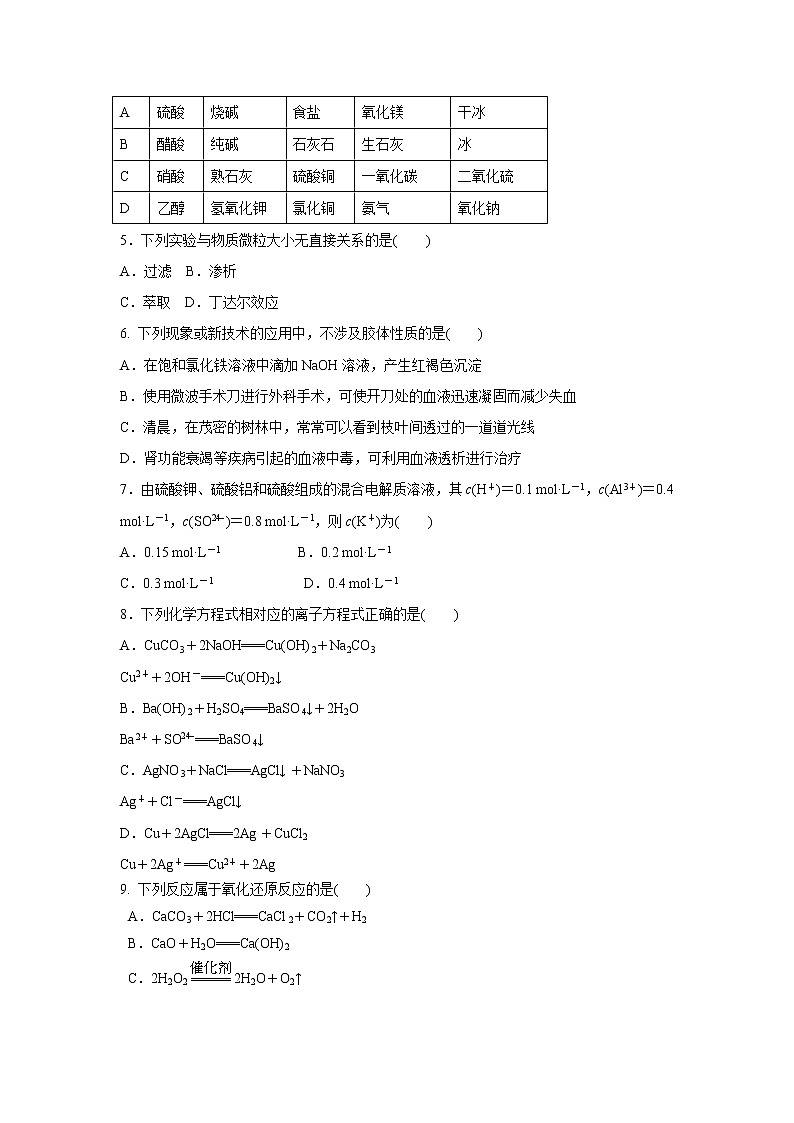【化学】内蒙古北京八中乌兰察布分校2018-2019学年高一上学期第二次调研考试试题02