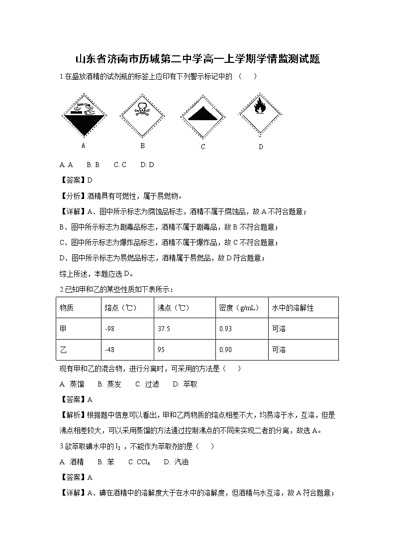 【化学】山东省济南市历城第二中学2018-2019学年高一上学期学情监测试题（解析版）01