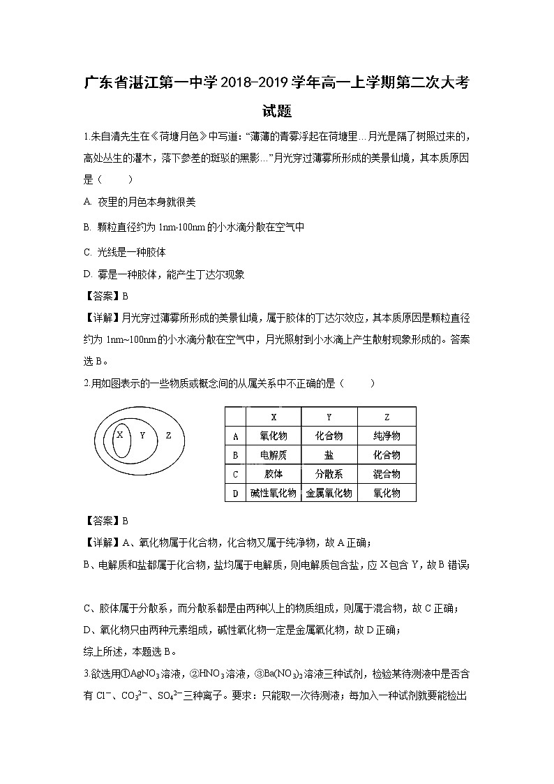【化学】广东省湛江第一中学2018-2019学年高一上学期第二次大考试题（解析版）第1页