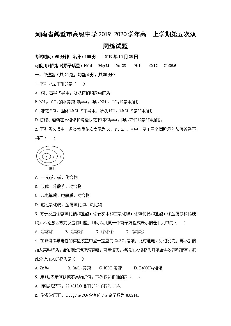 【化学】河南省鹤壁市高级中学2019-2020学年高一上学期第五次双周练试题01