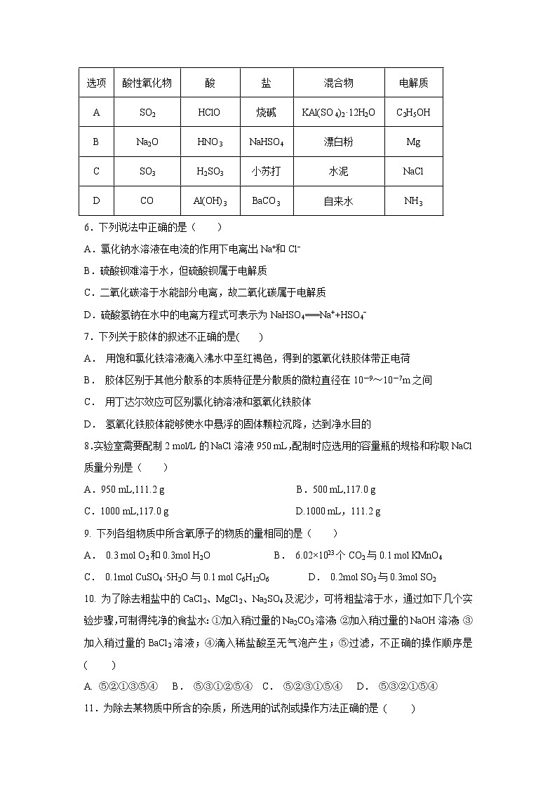 【化学】云南省玉溪市民族中学2018-2019学年高一上学期月考试卷02