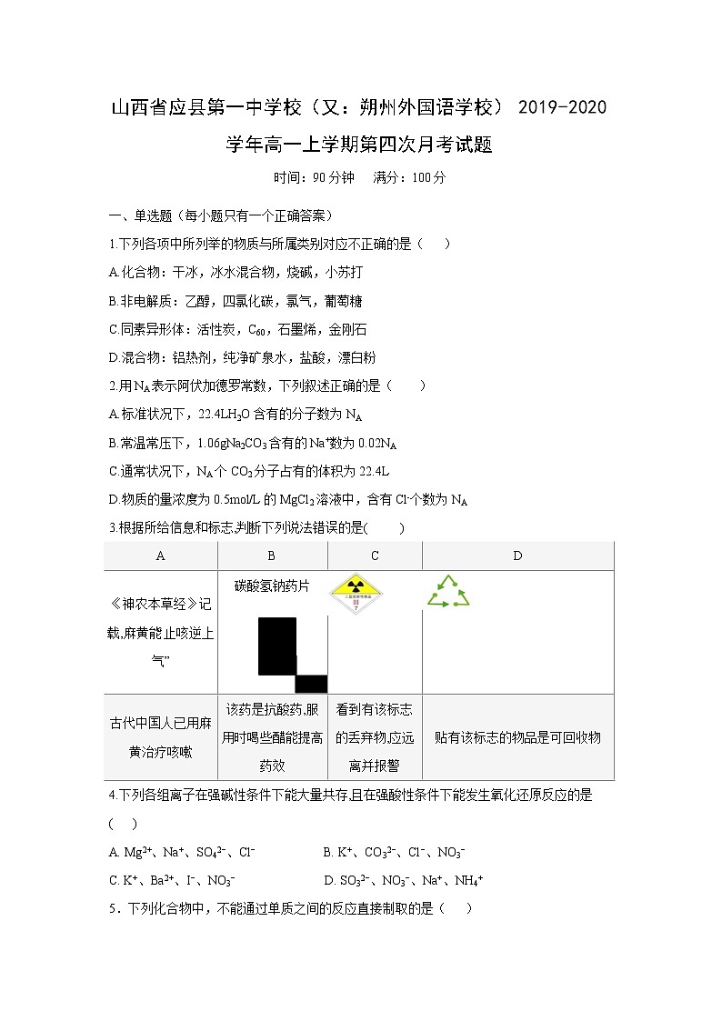 【化学】山西省应县第一中学校（又：朔州外国语学校）2019-2020学年高一上学期第四次月考试题01